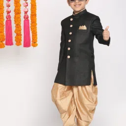 VASTRAMAY Kids Black & Gold Cotton Sherwani Set image 4