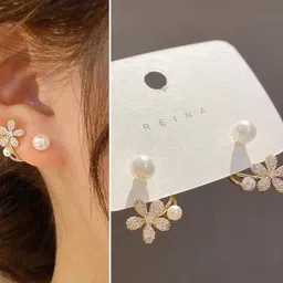 kazare Set Of 2 Rhodium-Plated Artificial Stones Studded & Pearls Beaded Floral Studs image 2