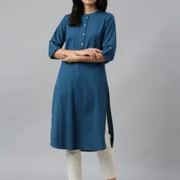 W Ink Blue Cotton Straight Kurta-image-2