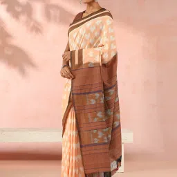 Taneira Light Orange Cotton Printed Saree With Unstitched Blouse Piece image 3