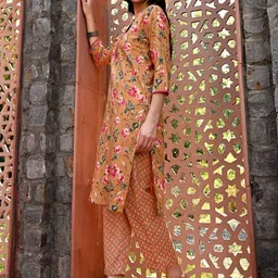 DECKEDUP Women Floral Printed Regular Pure Cotton Kurta with Trousers image 5