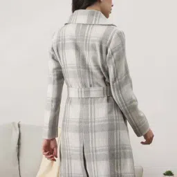 Globus Women White Notched Lapel Long Sleeves Checkered Self Design Winter Wear Overcoat with Belt image 2