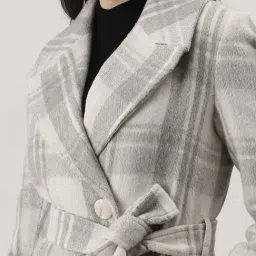 Globus Women White Notched Lapel Long Sleeves Checkered Self Design Winter Wear Overcoat with Belt image 4