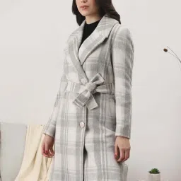 Globus Women White Notched Lapel Long Sleeves Checkered Self Design Winter Wear Overcoat with Belt image 3