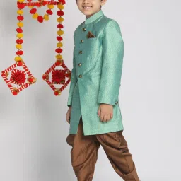 VASTRAMAY Kids Green & Coffee Brown Regular Fit Sherwani Set image 3
