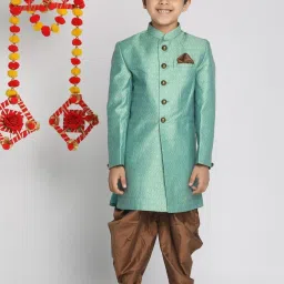 VASTRAMAY Kids Green & Coffee Brown Regular Fit Sherwani Set image 4