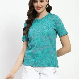 MADAME Sea Green Cotton Graphic Print T-Shirt-image-8
