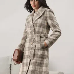 Globus Women Gold Notched Lapel Long Sleeves Checkered Self Design Winter Wear Overcoat with Belt-image-74