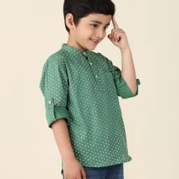 Fabindia Kids Dark Green Printed Full Sleeves Short Kurta image 3