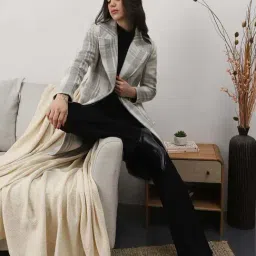 Globus Women White Notched Lapel Long Sleeves Checkered Self Design Winter Wear Overcoat with Belt image 5