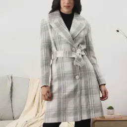 Globus Women White Notched Lapel Long Sleeves Checkered Self Design Winter Wear Overcoat with Belt-image-14