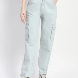 MADAME Light Blue Cotton Relaxed Fit Mid Rise Cargo Jeans-image-9