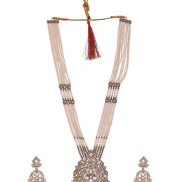 VOJ White Copper Toned Artificial Stone Studded Circular Long Necklace & Earring Set image 4