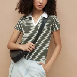 Ginger By Lifestyle Olive Regular Fit Striped Polo T-Shirt-image-65