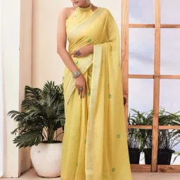 Satrani Yellow Printed Saree With Unstitched Blouse-image-39