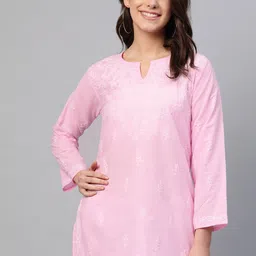 ADA Women Pink & White Chikankari Embroidered Pure Cotton Straight Handloom Kurti-picture-21