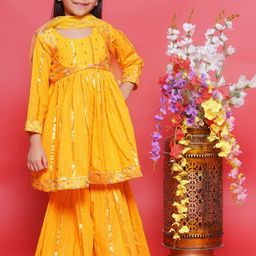 Little Bansi Girls Embroidered Beads and Stones Pure Cotton Kurta with Sharara & Dupatta-picture-20