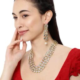 Zaveri Pearls Clear & Golden Alloy Necklace & Earring Set-picture-1