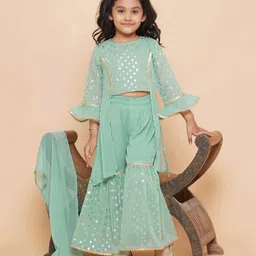 AJ Dezines Three Fourth Bell Sleeves Foil Printed & Lace Embellished Kurta With Coordinating Sharara & Dupatta - Green-picture-23