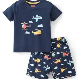 Babyhug Cotton Knit Single Jersey Half Sleeves Night Suit With Aircraft Print - Navy Blue-picture-37