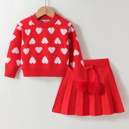 Kookie Kids Full Sleeves Top & Skirt with Heart Design & Pom Pom Detailing  - Red-picture-30