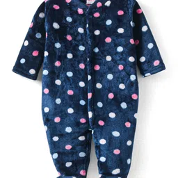 Babyhug Velour Knit Full Sleeves Winter Wear Sleep Suit With Polka Dots Print - Navy Blue-picture-13