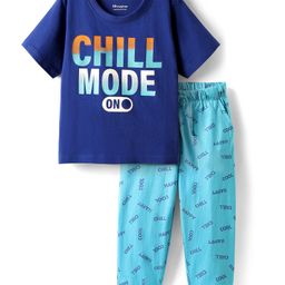 Honeyhap Premium 100% Cotton Knit With Bio Finish Half Sleeves Night Suit With Text Print - Limoges & Scuba Blue-picture-33