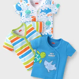 Babyhug Interlock Knit Half Sleeves Front Open Vests with Sea Life Print & Stripes Pack of 3 - Blue & White-picture-25