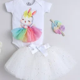 TINY MINY MEE Elastane Half Sleeves Polka Dots Glitter & Rabbit Printed Onesie & Skirt With Headband Set - Multi Colour-image-92