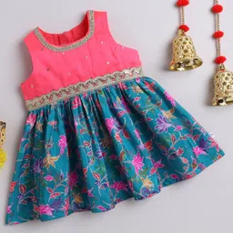Many frocks & Blended Woven Sleeveless Floral Printed & Gota Lace Embellished Dress - Pink & Blue-picture-17