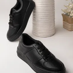 Shoetopia Solid Perforated Lace Up Sneakers - Black-picture-33
