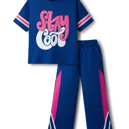 Pine Kids Single Jersey Knit Half Sleeves Top and Palazzo Set With Stay Cool Text Print - Blue-picture-26