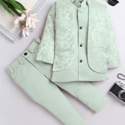 Fourfolds Woven Full Sleeves Solid Sherwani & Pant With Floral Embroidered Jacket Set - Light Green-picture-21
