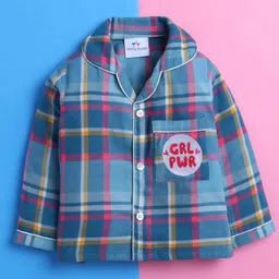 Knitting Doodles Rayon Woven Full Sleeves Checked Coordinating Night Suit Set - Blue image 3