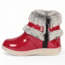 Lil Lollipop Stone Embellished Metal Applique & Fur Detailed Gloss Finish LED Boots - Red image 3