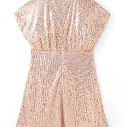 Hola Bonita Knit Half Sleeves Knee Length Sequined Pleated Party Frock - Golden image 3