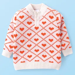 Babyhug Knit Full Sleeves Sweater Set with Heart Design -Orange & Off White image 3