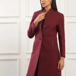 Globus Women Red Mock Collar Striped Self Design 2 Pockets Knee Length Winterwear Overcoat-image-96