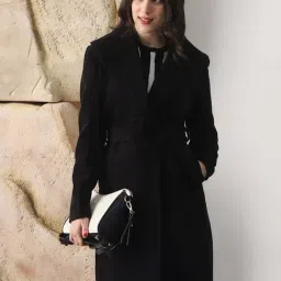 Globus Women Black Shawl Collar Long Sleeves Self Design Winter Wear Overcoat with Belt-picture-32