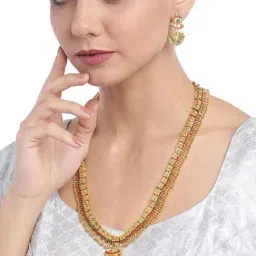 Zaveri Pearls Green & Pink Stones South Indian Style Temple Long Necklace & Earring Set-ZPFK9640-picture-18