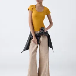 nuon women Nuon by Westside Mustard Ribbed Cotton-Blend T-Shirt image 3