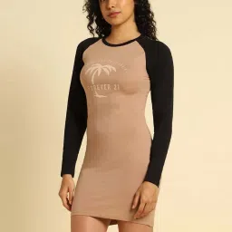 Forever 21 Brown & Black Cotton Bodycone Printed Dress image 3