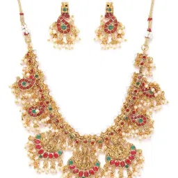 Zaveri Pearls Green & Pink Stones Goddess Laxmi Temple Choker Necklace & Earring Set-ZPFK9638-picture-17