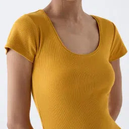 nuon women Nuon by Westside Mustard Ribbed Cotton-Blend T-Shirt image 4