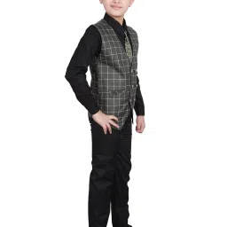 Pro-Ethic Style Developer Kids Grey & Black Checks Full Sleeves Shirt, Waistcoat, Pants with Tie image 3