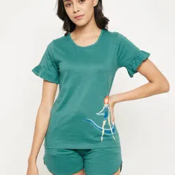 Clovia Teal Printed Top With Shorts-picture-24