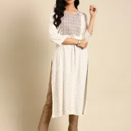 SHOWOFF Off-White Cotton Embroidered Straight Kurta-image-52