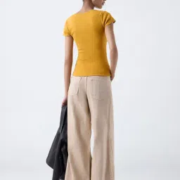 nuon women Nuon by Westside Mustard Ribbed Cotton-Blend T-Shirt image 2