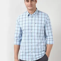 Peter England Blue Cotton Slim Fit Chequered Shirt-picture-15