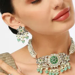 OOMPH Green Beads & Kundan Multi Layer Choker Necklace Set with Ring for Women image 3